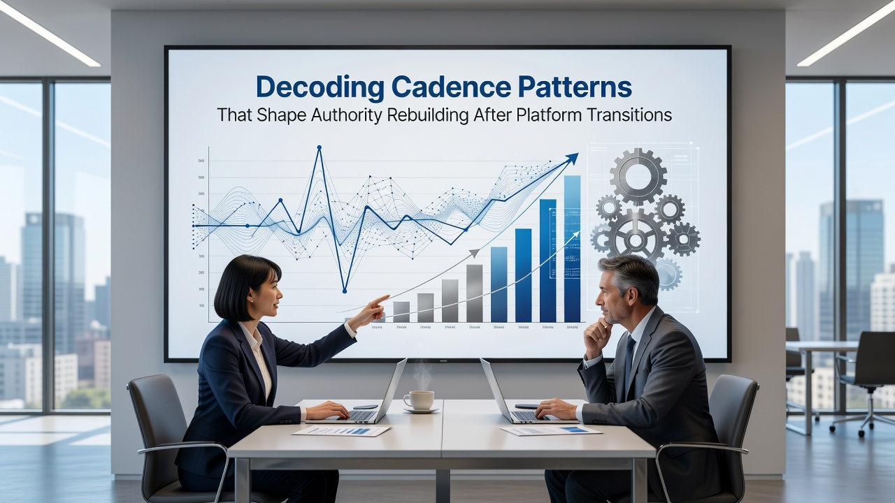 Diagram illustrating link velocity and content cadence effects on domain authority after platform shifts